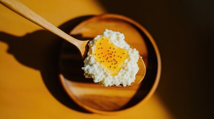 Creamy cottage cheese topped with bright yellow yolk, beautifull