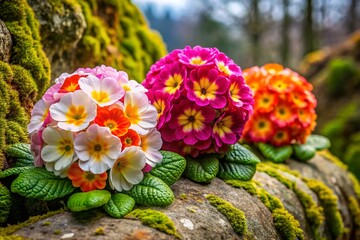 Sunny Day Fairy Primroses on Mossy Wall - Spring Flower Stock Photo