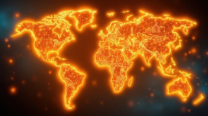 Glowing network map of the world, showing interconnectedness and data flow, orange and black background