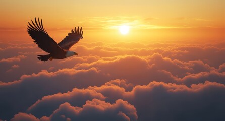 Obraz premium Majestic Eagle Soaring Above Golden Clouds at Sunrise with Vibrant Sunlight Casting Warm Hues Across the Sky and Soft Cotton-like Cloud Blanket Below