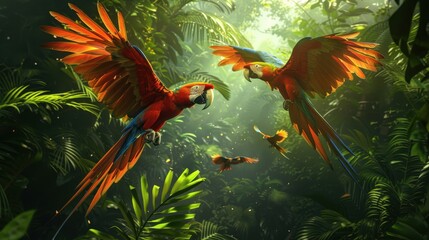 Vibrant Macaws in a Lush Tropical Forest with Rays of Sunlight Peeking Through the Greenery