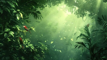 Vibrant Jungle Landscape with Sunlight Filtering Through Dense Foliage and Tropical Birds