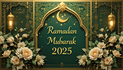 Elegant Ramadan Mubarak 2025 Greeting Card with Golden Islamic Art and Floral Decorations