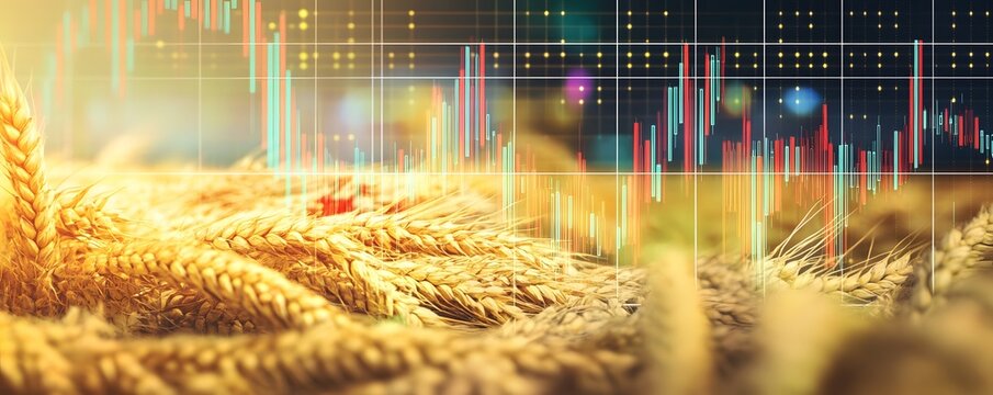Golden wheat field overlaid with financial market analysis chart