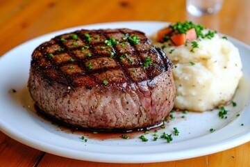 A plate of perfectly cooked filet mignon with a side of truffle mashed potatoes