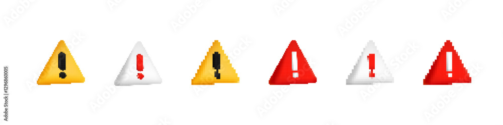 Poster five triangular warning alert icons feature exclamation and caution symbols in vibrant colors.