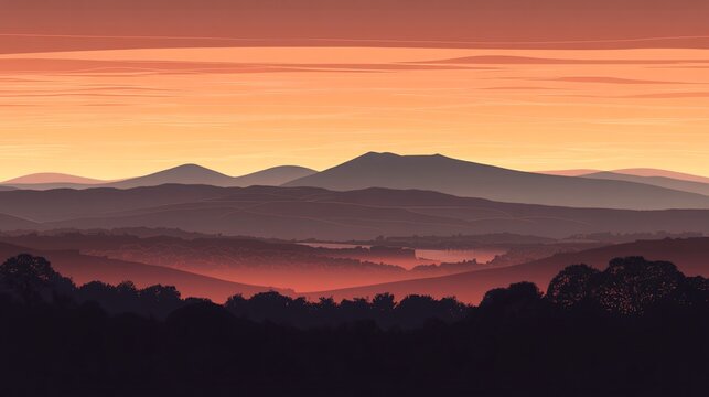 Line art of a panoramic vista of the Malvern Hills just after sunrise