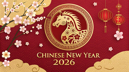 Chinese New Year 2026 Year Of The Horse On Deep Red Background 