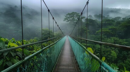 Obraz premium Serene Suspension Bridge Across Lush Green Jungle Canopy Under Misty Atmosphere