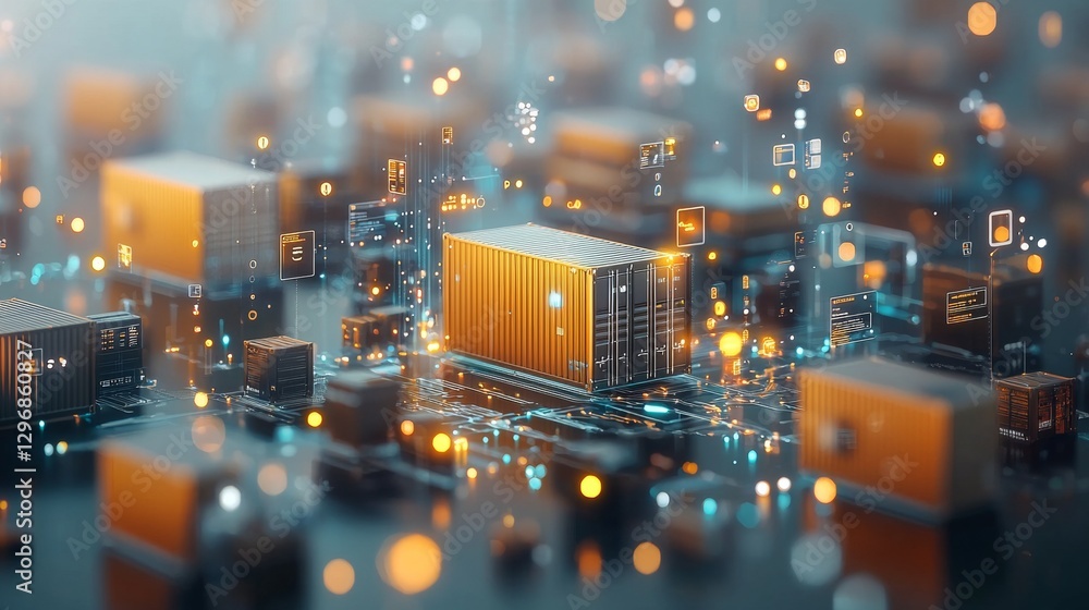 Poster innovative technological breakthrough showcasing 3d simulation of shipping containers in a futuristi