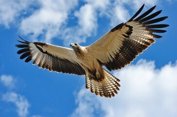 Fototapeta premium Majestic Eagle Soaring Through Bright Blue Sky with Fluffy White Clouds, Capturing Freedom and Grace in Nature's Splendor and Awe-Inspiring Beauty
