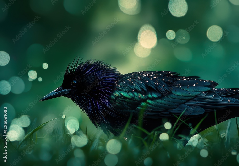 Poster close-up of a colorful bird with shimmering feathers surrounded by glowing bokeh in a soft green env