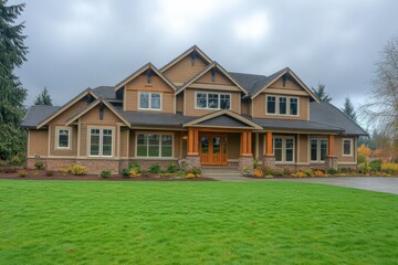 A large house with a lawn in front, surrounded by trees