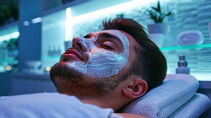 Relaxing male cosmetology treatment with facial mask at modern spa during evening