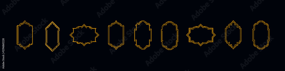 Poster collection of ornate gold line art frames in unique shapes, elegantly displayed in a row.