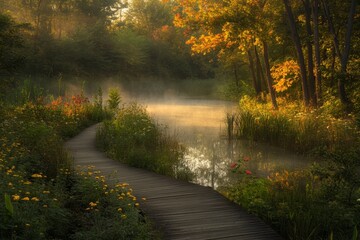 Obraz premium Serene Misty Morning by a Calm Lake Surrounded by Autumn Foliage