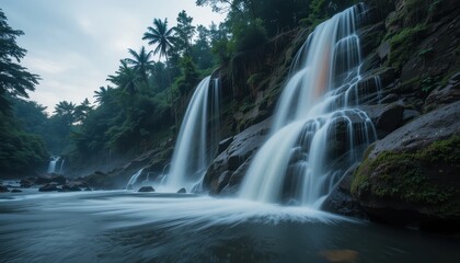 Fototapeta premium Serene Waterfall Cascading Through Lush Tropical Rainforest Tranquil Nature Scene