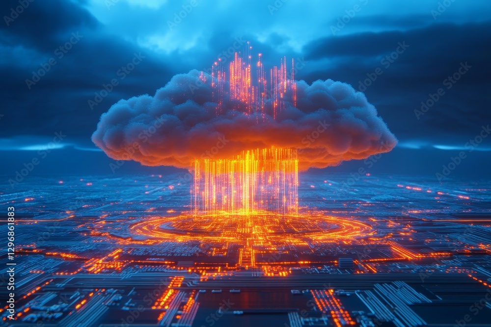 Aufkleber 3d render of a cloud and circuit board highlighting data transfer on a blue background
