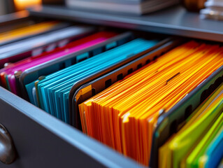 An organized drawer filled with colorful file folders, with binders on the shelf above. The vibrant colors and neat arrangement make it visually appealing and suggest efficient organization.