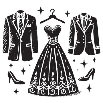 Wedding dress of the bride and groom set vector illustration.