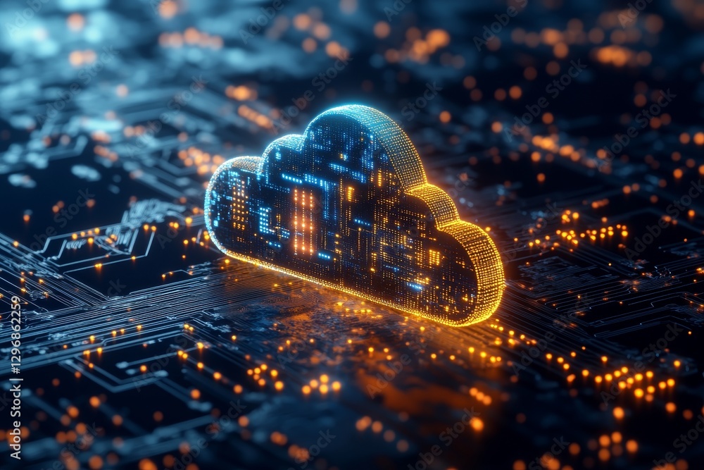 Poster futuristic 3d render of a cloud with data flowing on a circuit board background for online storage
