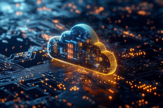 Futuristic 3d render of a cloud with data flowing on a circuit board background for online storage - Powered by Adobe