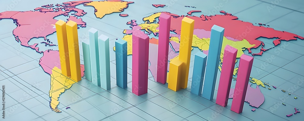 Poster colorful bar graph overlaying a stylized world map background