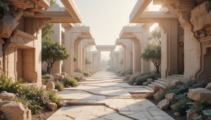 Fototapeta premium Serene Sunlit Pathway Through Ancient Architecture Picturesque Garden with Stone Columns and Lush Greenery