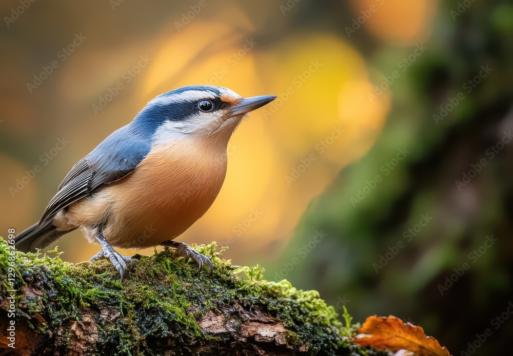 Poster close-up of a nuthatch bird perched on a mossy log with soft golden background in nature, capturing 
