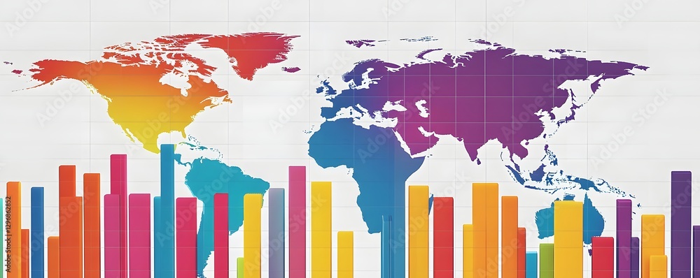 Poster colorful world map displayed with rising bar chart elements