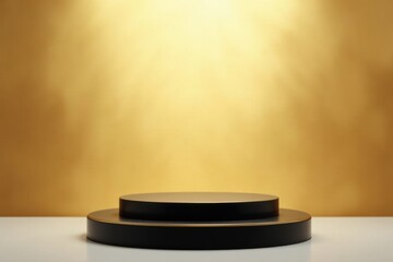 Elegant Black and Gold Two-Tiered Display Platform Against a Smooth Golden Backdrop