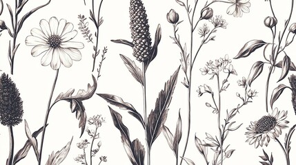 Fototapeta premium Elegant black and white floral illustration showcasing diverse botanical elements.