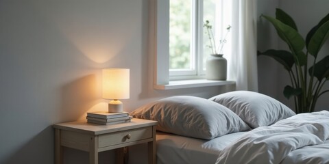 Serene bedroom setting with soft lighting, minimalist bedside table, and comfortable bedding