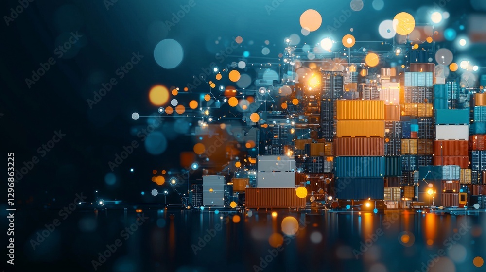 Poster global shipping operations cargo container management in a high-tech environment captured from a dyn