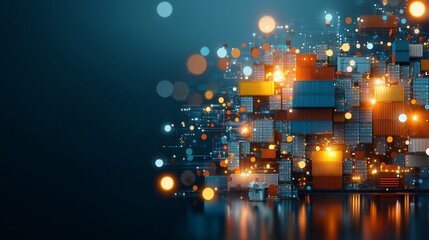 Dynamic data visualization event showcasing modern shipping containers urban warehouse digital art nighttime futuristic concept for enhanced logistics