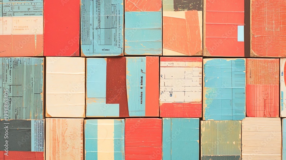 Poster vibrant abstract patterns of colorful cardboard boxes in various arrangements.