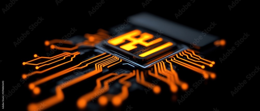 Poster a close-up of a circuit board with a bright orange design, showcasing intricate pathways and a centr