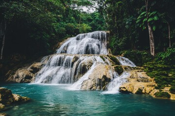 Fototapeta premium Serene Waterfall Cascading Over Rocks Surrounded by Lush Greenery