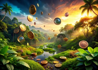 Surreal Brazilian 2018 Real Coins: Floating Currency in Dreamlike Landscape