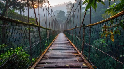 Serene Suspension Bridge Over Lush Tropical Forest at Dawn with Sunlight Peeking Through Misty Trees