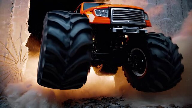 Monster Truck Crashing Through a Wall with Explosive Impact