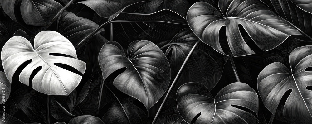 Poster a monochromatic pattern of lush leaves, featuring a striking contrast between dark and light foliage