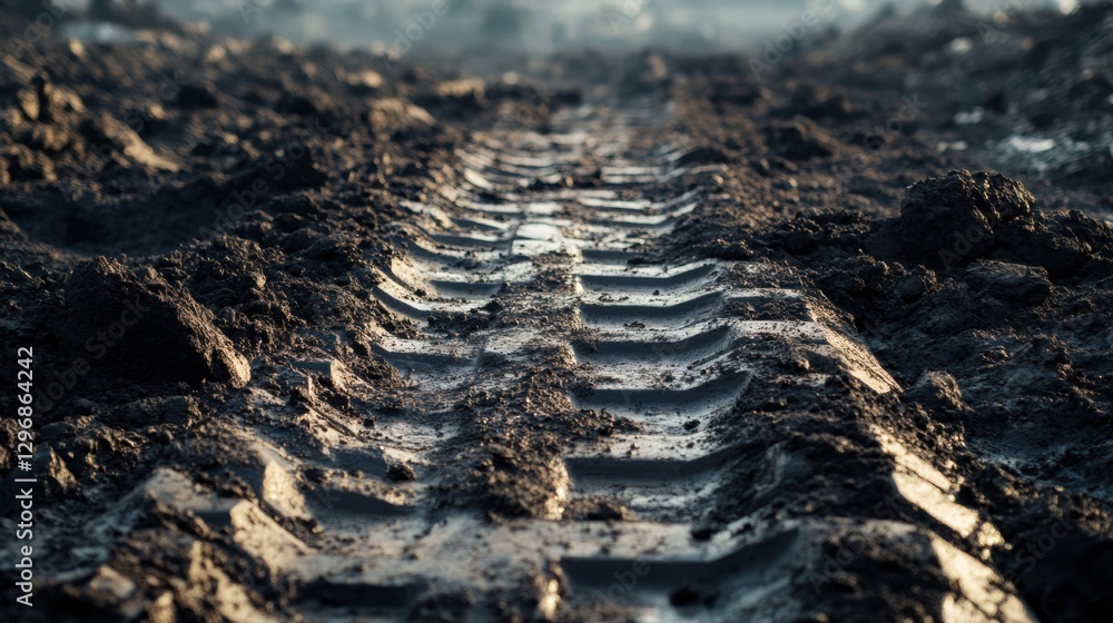 Poster evidence of recent activity in a muddy field following heavy rainfall revealing tractor tire tracks.