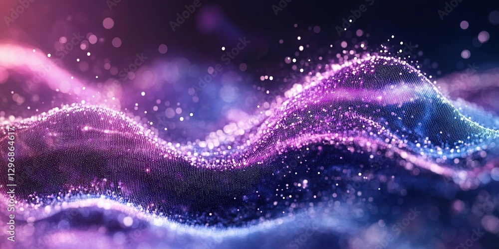 Poster colorful abstract waves illuminated with shimmering particles against a dark background