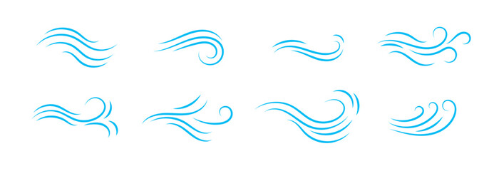 Eight blue wave symbols showing motion and elegance with curvy lines on a clean surface.