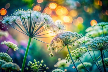 Surreal Close-Up of Heracleum and Dill Inflorescences in a Summer Garden