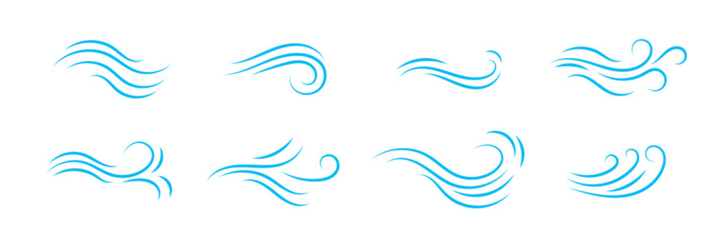 Eight blue wave symbols showing motion and elegance with curvy lines on a clean surface.