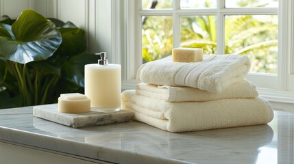 Luxury spa-style bath accessories arranged on a marble countertop, including towels, soap, and candles.