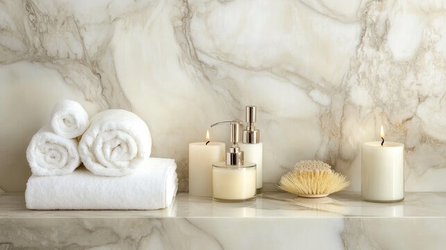 Luxury spa-style bath accessories arranged on a marble countertop, including towels, soap, and candles.