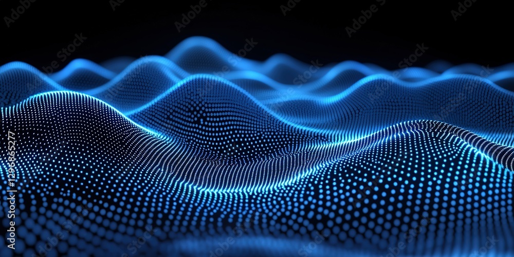 Poster digital landscape of glowing blue waves representing data flow and technology concepts in a virtual 